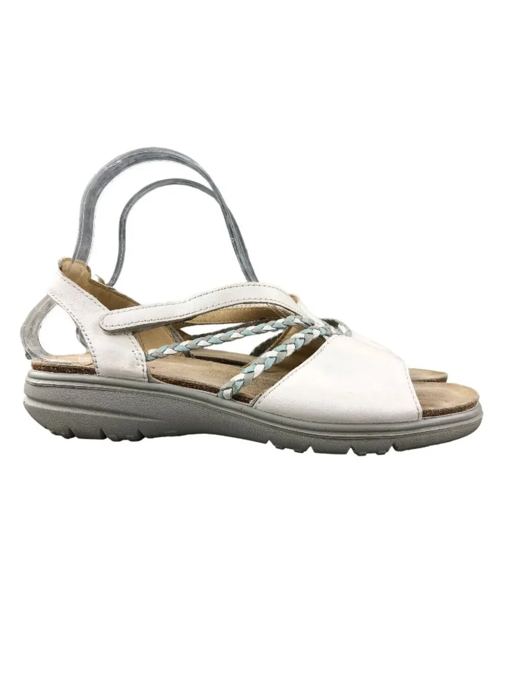 Hotter Women's Size 8 Inspire White Leather Braided Open Toe Hook & Loop Sandals